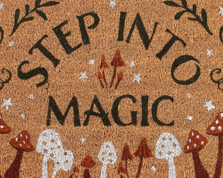 Decorative natural doormat with charming toadstool design and 'Step Into Magic' text.