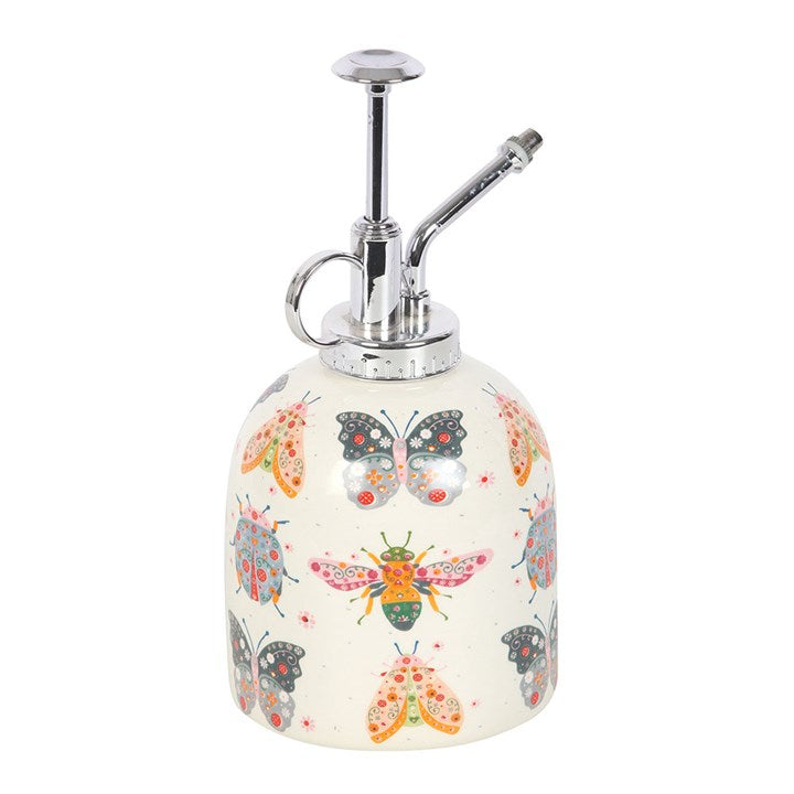 Ceramic plant mister with a bug-illustration motif and silver-effect spray pump.