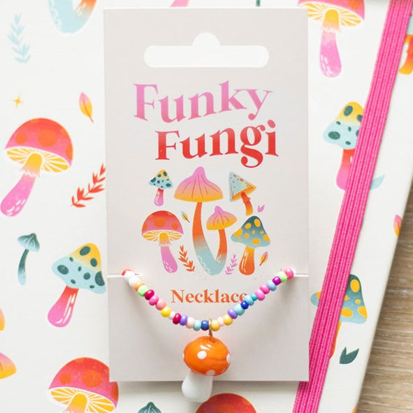 Funky Fungi beaded necklace, finished with an orange glass mushroom. 