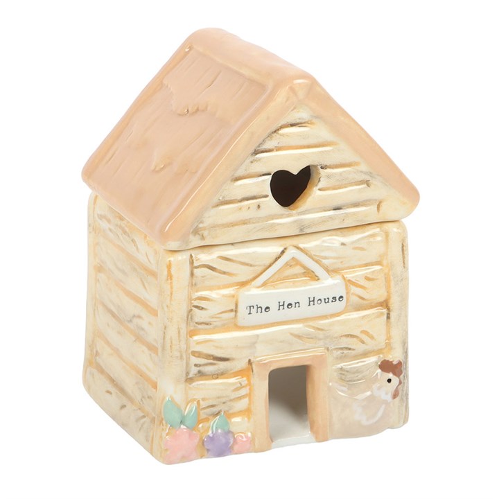 Ceramic hen-house shaped wax melter and oil burner. With heart shaped cut out and The Hen House sign. 