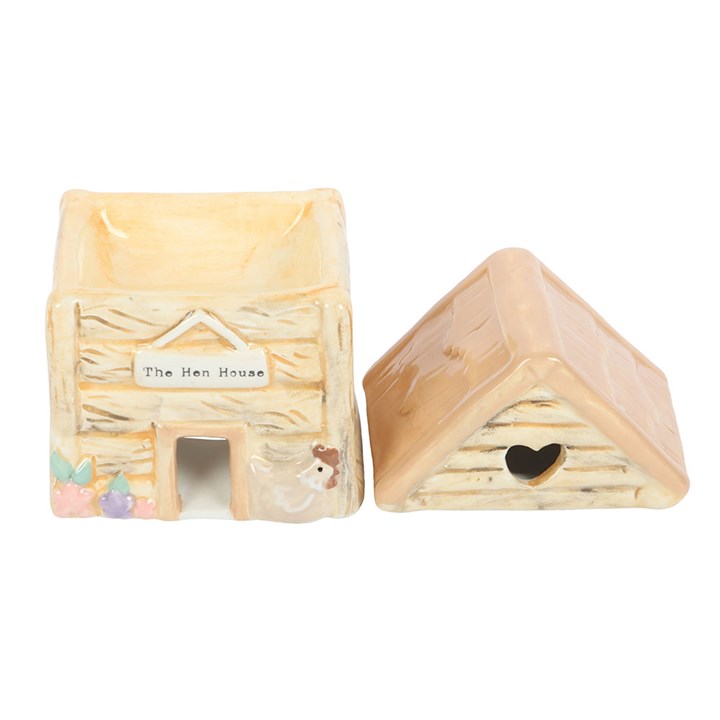 Ceramic hen-house shaped wax melter and oil burner. With heart shaped cut out and The Hen House sign. 