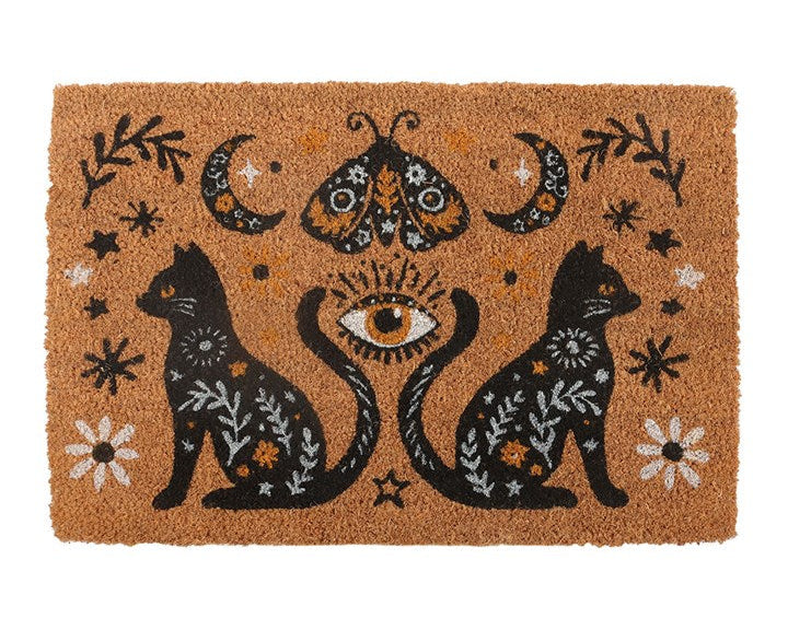 Natural decorative doormat with a gothic folk-inspired design, including black cats, moth, crescent moons and vintage fauna.