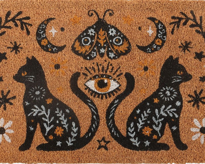 Natural decorative doormat with a gothic folk-inspired design, including black cats, moth, crescent moons and vintage fauna.