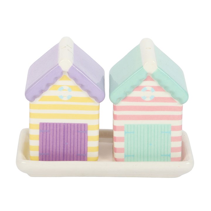 ceramic pastel striped beach-hut shaped salt and pepper shaker set on a matching storage tray. 