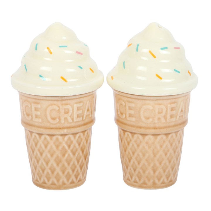 ceramic salt and pepper shaker set shaped like traditional ice cream cones with sprinkle detailing.