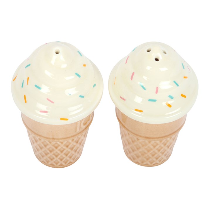 ceramic salt and pepper shaker set shaped like traditional ice cream cones with sprinkle detailing.
