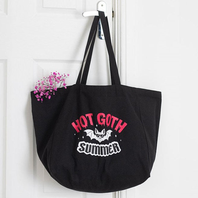 Hot Goth Summer canvas tote bag. Black canvas bag with hot pink and black text plus bat motif.
