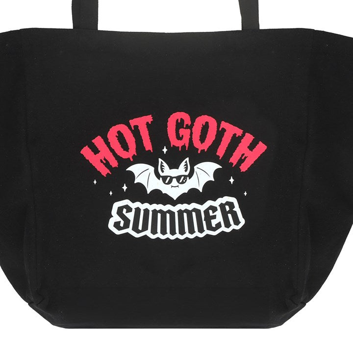 Hot Goth Summer canvas tote bag. Black canvas bag with hot pink and black text plus bat motif.