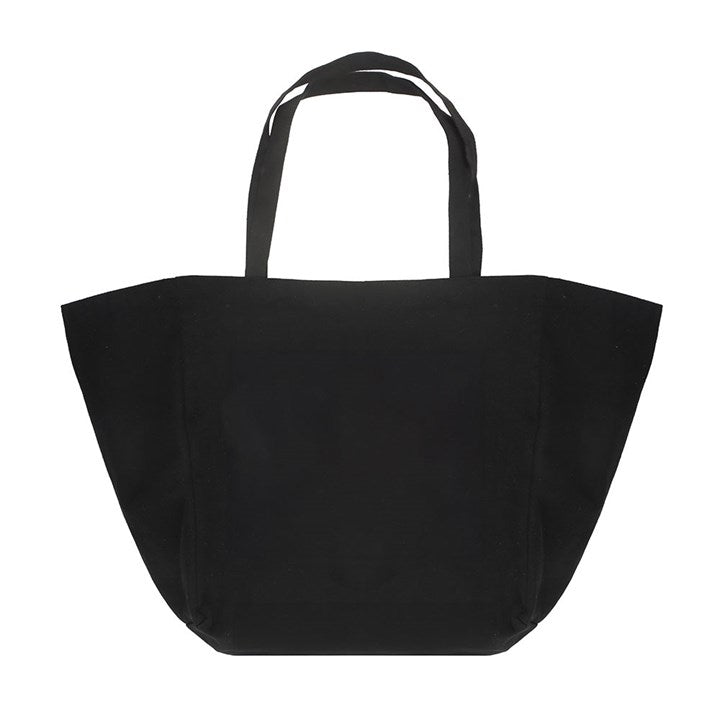 Hot Goth Summer canvas tote bag. Black canvas bag with hot pink and black text plus bat motif. Reverse view.