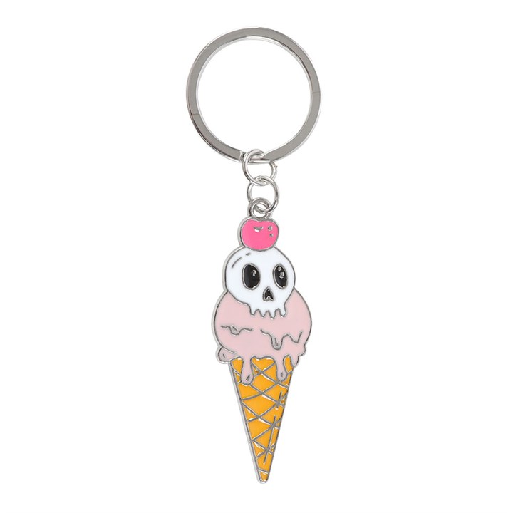 Adorable icecream cone shaped enamel keyring with spooky skull topping.