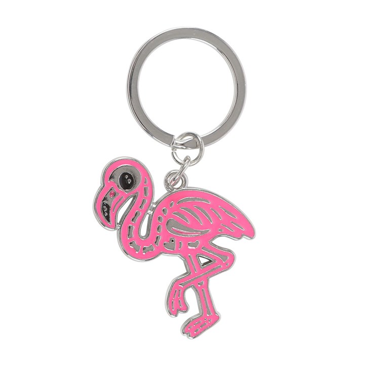 A flamigo-gothic style keyring featuring a skeleton flamingo.