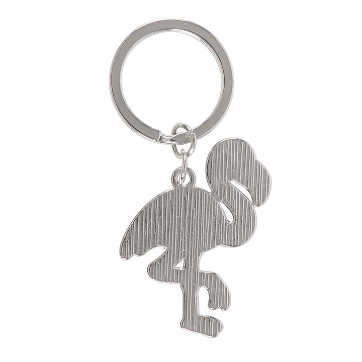 A flamigo-gothic style keyring featuring a skeleton flamingo. Reverse view.