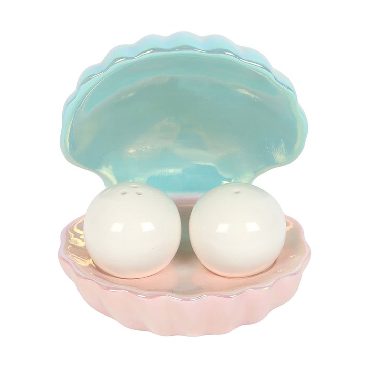 pearl-shaped salt and pepper shakers stored inside a clam-shell shaped holder