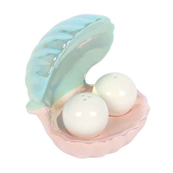 pearl-shaped salt and pepper shakers stored inside a clam-shell shaped holder