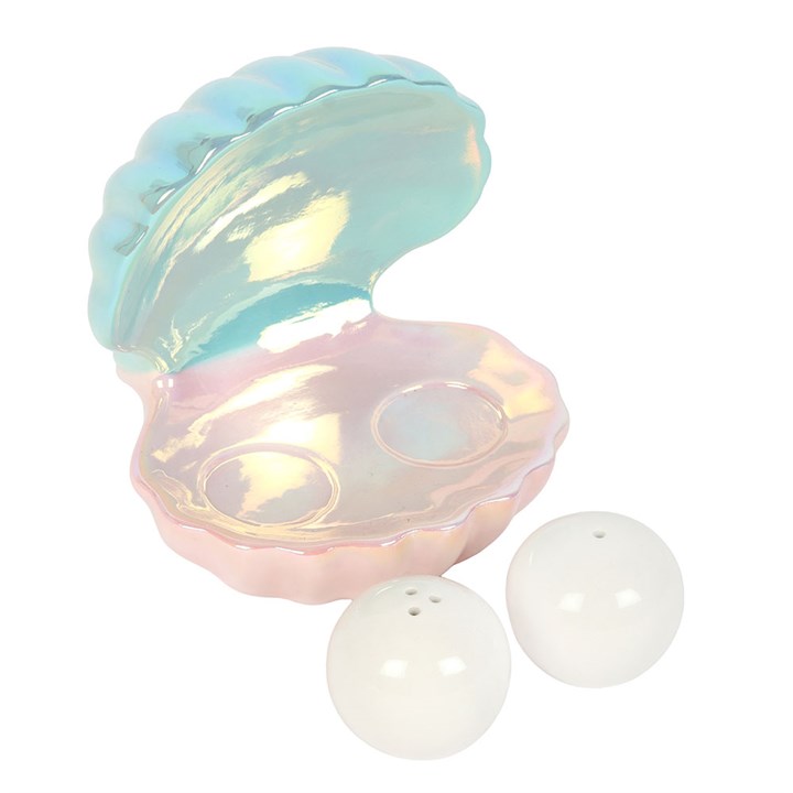 pearl-shaped salt and pepper shakers stored inside a clam-shell shaped holder