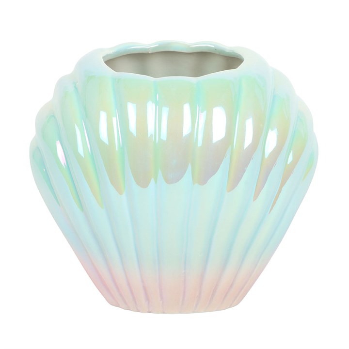 Iridescent glazed sea-shell flower vase with pink and blue ombre design.