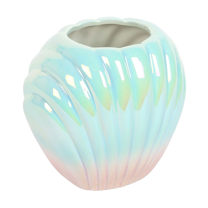 Iridescent glazed sea-shell flower vase with pink and blue ombre design.