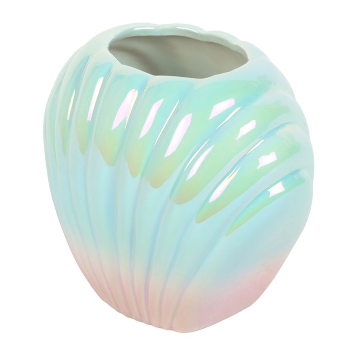 Iridescent glazed sea-shell flower vase with pink and blue ombre design.