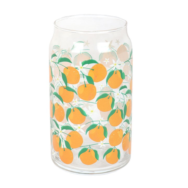 Can-style water glass decorated with orange fruit motif. 