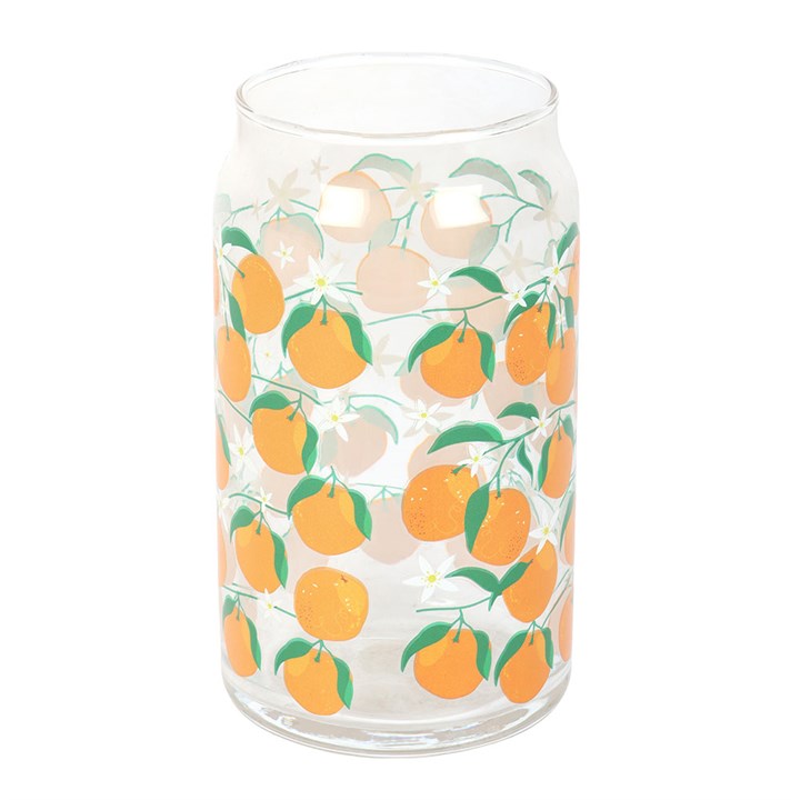 Can-style water glass decorated with orange fruit motif. 