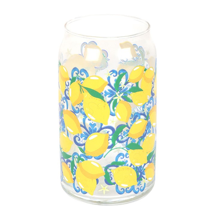 Can-style water glass decorated with lemon fruit motif. 