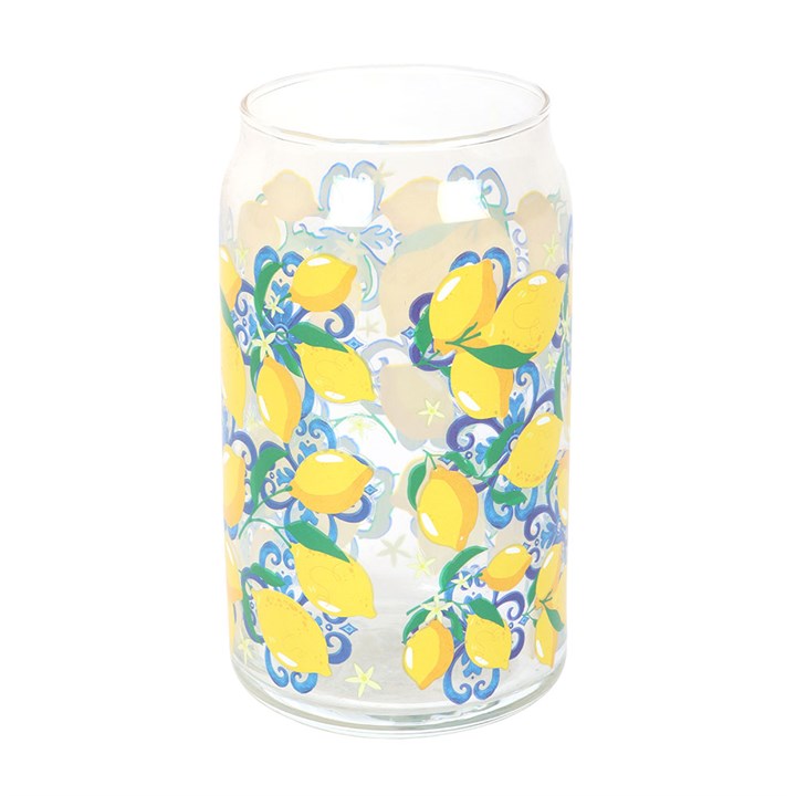 Can-style water glass decorated with lemon fruit motif. 