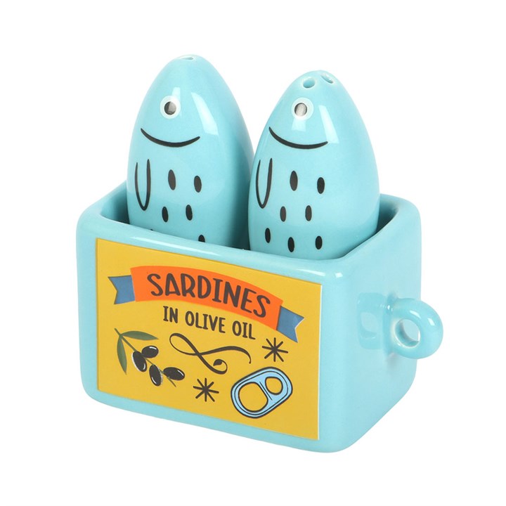 Sardine shaped salt and pepper shaker set presented in a sardine-can holder. 