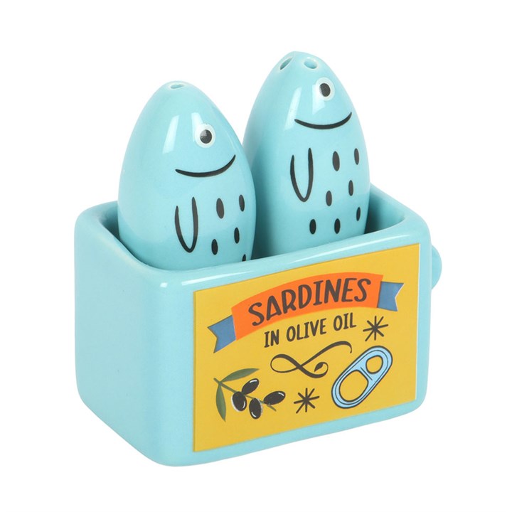 Sardine shaped salt and pepper shaker set presented in a sardine-can holder. 