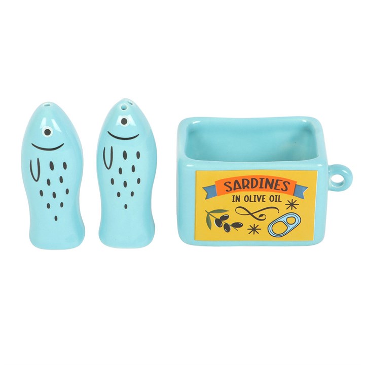 Sardine shaped salt and pepper shaker set presented in a sardine-can holder. 
