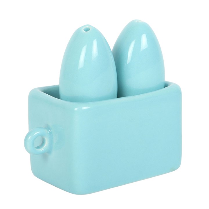 Sardine shaped salt and pepper shaker set presented in a sardine-can holder - reverse view.