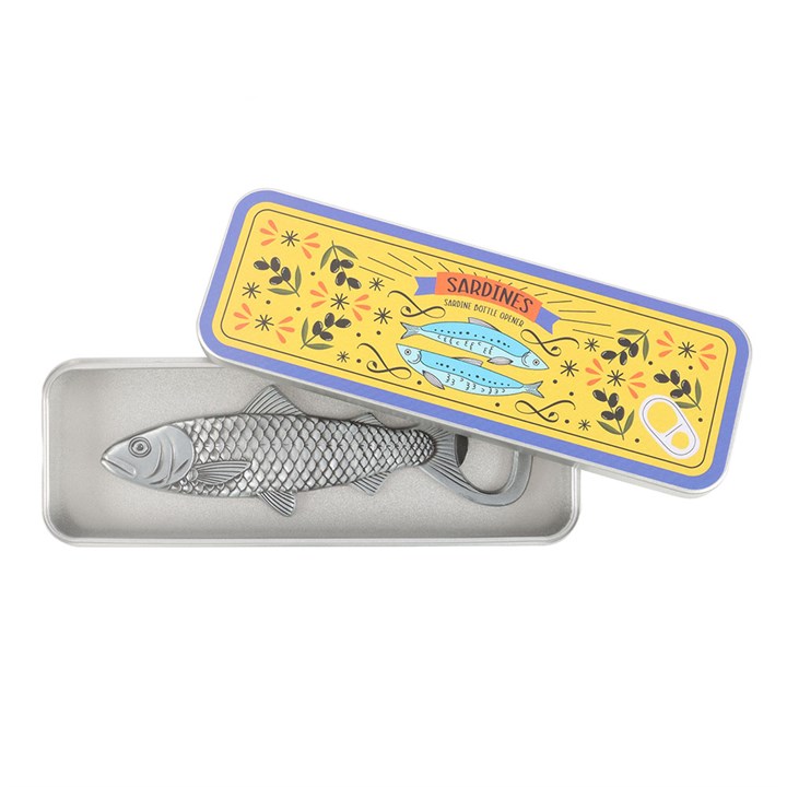 sardine-shaped bottle opener in a colourful metal tin. 