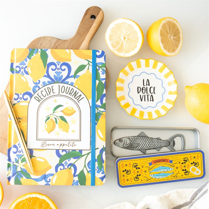 la dolce vita kitchen accessories, recipe journal and sardine-shaped metal bottle opener. 