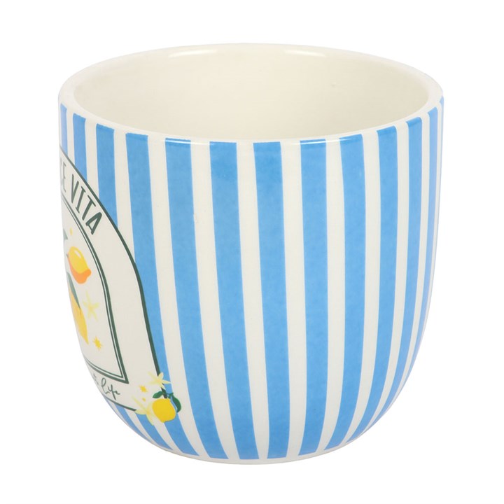 Ceramic plant pot with La Dolce Vita text, classic blue stripes and lemons motif. Side view.