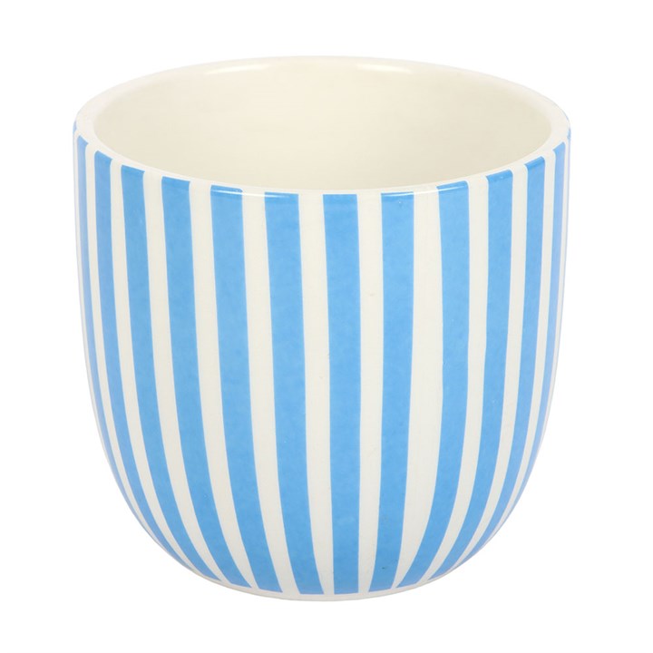Ceramic plant pot with La Dolce Vita text, classic blue stripes and lemons motif. Reverse view.