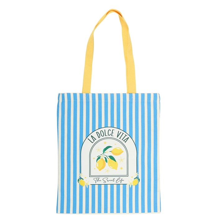 Blue and white striped La Dolce Vita canvas sustainable tote bag.
