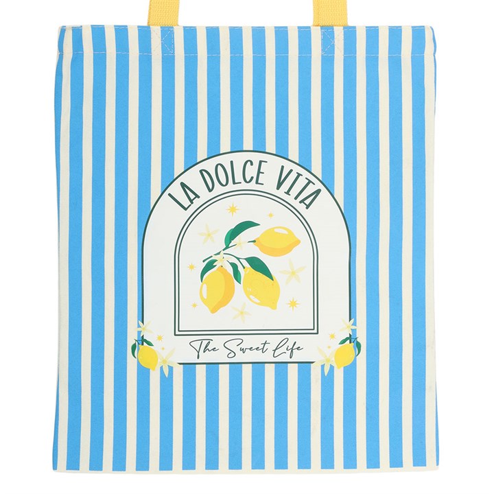 Blue and white striped La Dolce Vita canvas sustainable tote bag.