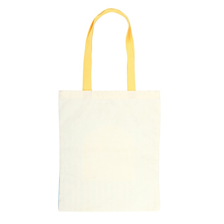 Blue and white striped La Dolce Vita canvas sustainable tote bag. Reverse view.