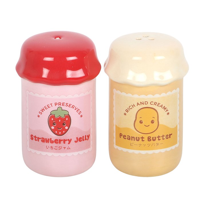 Two kawaii style peanut butter and strawberry jelly jar-shaped salt and pepper shakers.