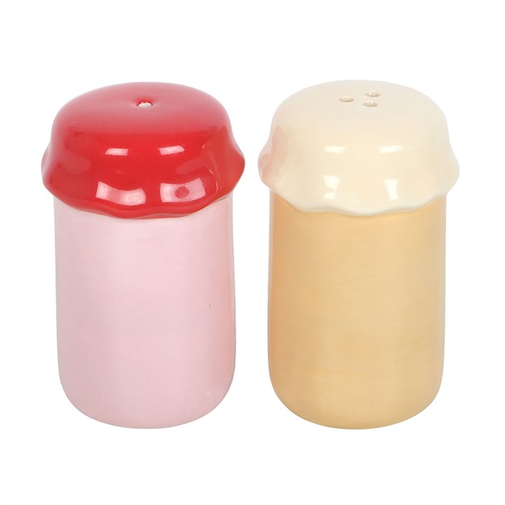 Two kawaii style peanut butter and strawberry jelly jar-shaped salt and pepper shakers - reverse view.