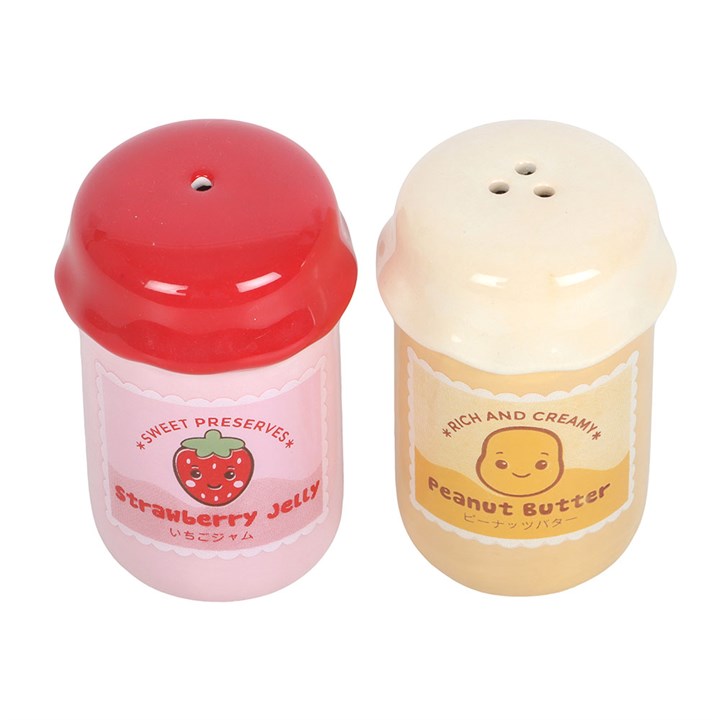 Two kawaii style peanut butter and strawberry jelly jar-shaped salt and pepper shakers.