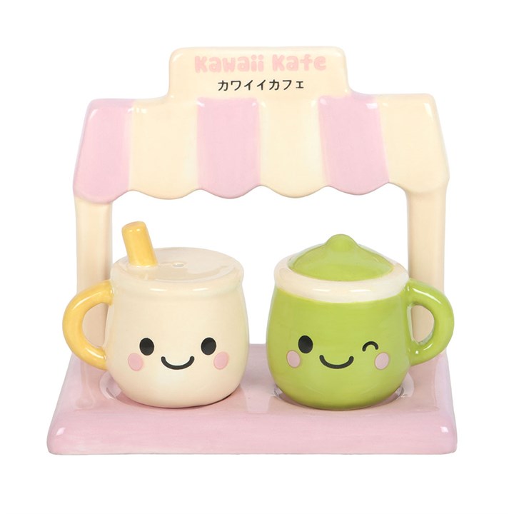 Two kawaii latte & matcha salt and pepper shakers presented on matching cafe stand.