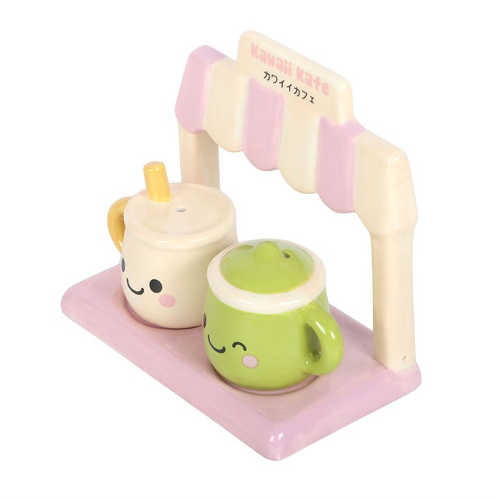 Two kawaii latte & matcha salt and pepper shakers presented on matching cafe stand.