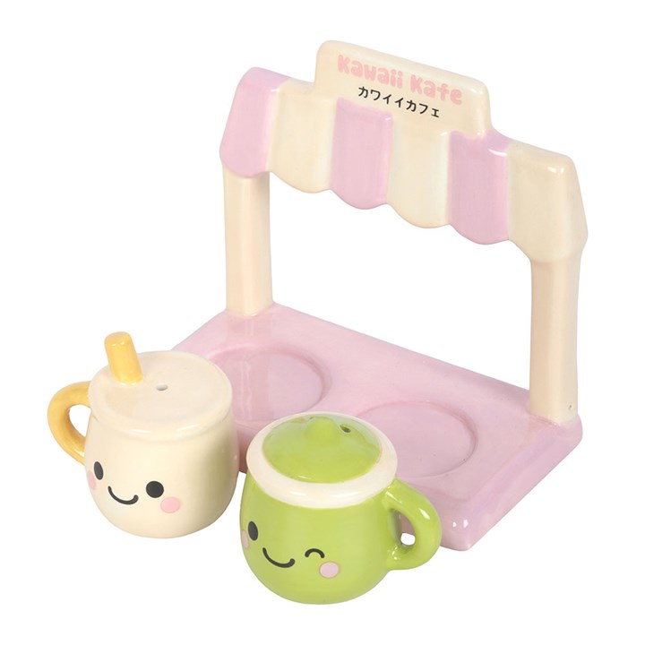 Two kawaii latte & matcha salt and pepper shakers presented on matching cafe stand.