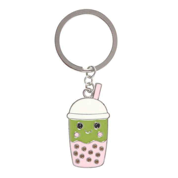 Kawaii style matcha bubble tea enamel keyring.