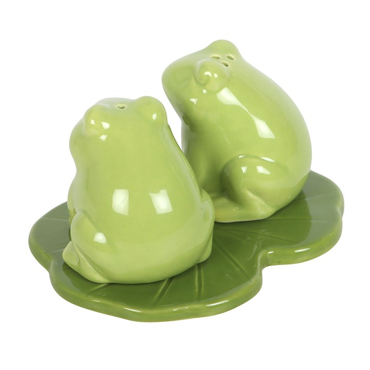 Frog shaped ceramic salt and pepper set on a lily pad tray - reverse view.