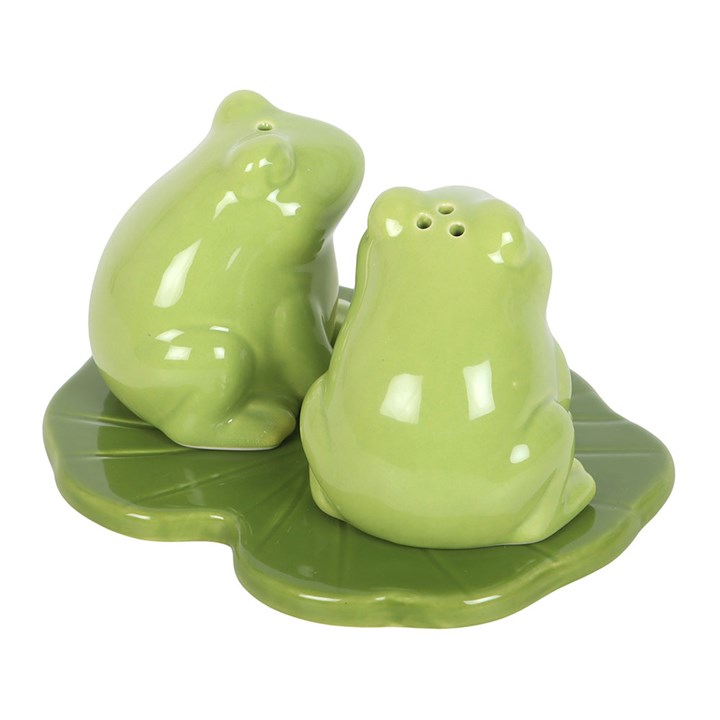 Frog shaped ceramic salt and pepper set on a lily pad tray - reverse view.