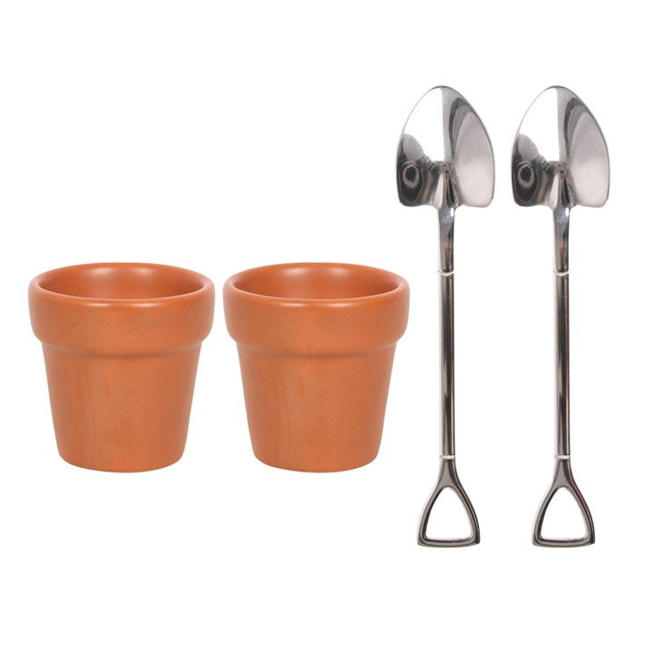 set of two plant pot shaped egg cups with silver spade spoons, presented in a themed box. 