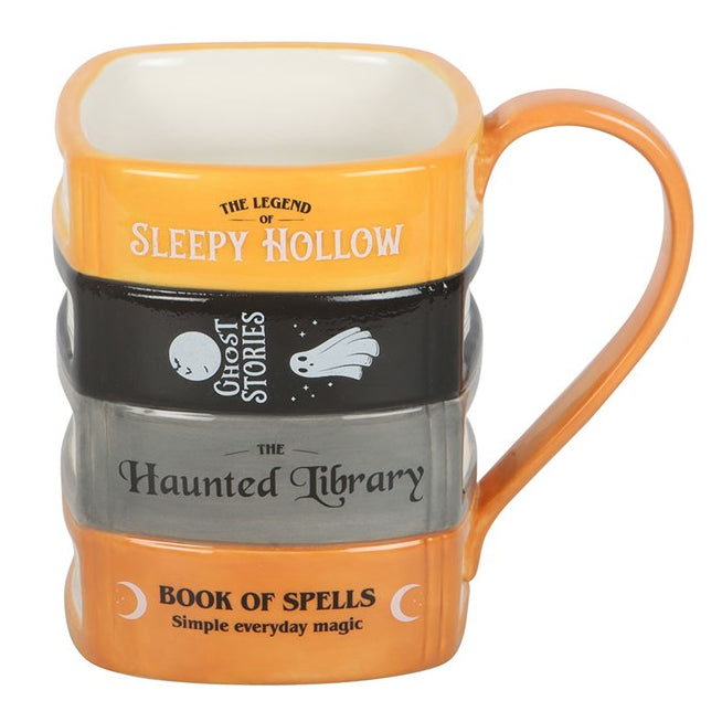 Halloween themed ceramic mug, designed to resemble a stack of ghost stories and spell books. 