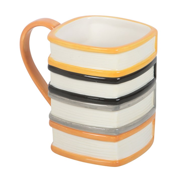 Halloween themed ceramic mug, designed to resemble a stack of ghost stories and spell books. Reverse view.