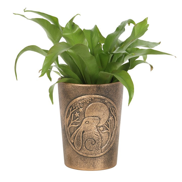 Antique-bronze effect terracotta planter with Moon-Gazing Hares artwork, designed by Lisa Parker.